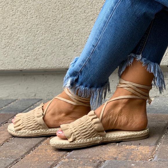 Cream Scrunch Vamp Lace Up Espadrille Sandals - Picture 5 of 8